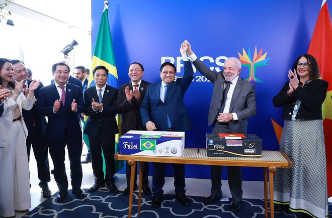 Los dos líderes presencian la ceremonia para anunciar el primer envío de exportación de pangasius y tilapia vietnamitas a Brasil y el primer envío de exportación de carne brasileña a Vietnam. (Foto: VNA) img-2597.jpg