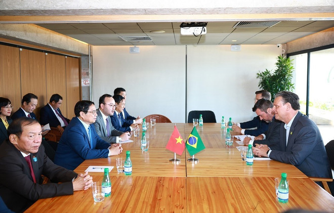 El primer ministro Pham Minh Chinh (segundo, a la izquierda) recibe al ministro de Agricultura de Brasil, Carlos Fávaro. (Foto: VNA) img-2603.jpg