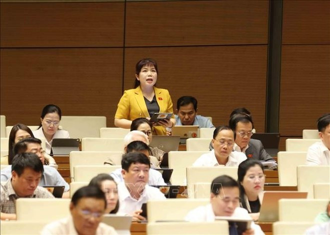 La diputada Nguyen Thi Thu Ha (de pie), de Quang Ninh,interviene en el debate. (Foto: VNA) quang-ninh-140525.jpg