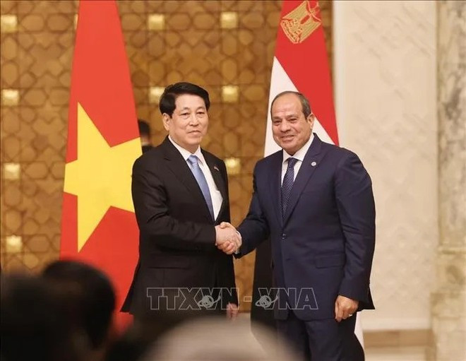 Los líderes vietnamitas y egipcios anuncian la consolidación de sus relaciones bilaterales como una asociación integral. (Foto: VNA) eo.jpg
