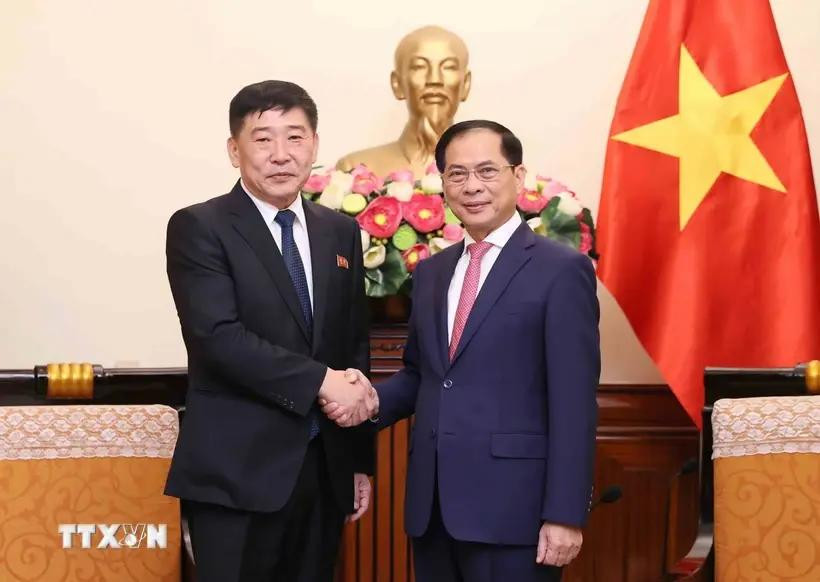 El canciller vietnamita Bui Thanh Son (derecha) recibe al viceministro de Asuntos Exteriores de la República Popular Democrática de Corea (RPDC), Pak Sang Gil. (Fuente: VNA)