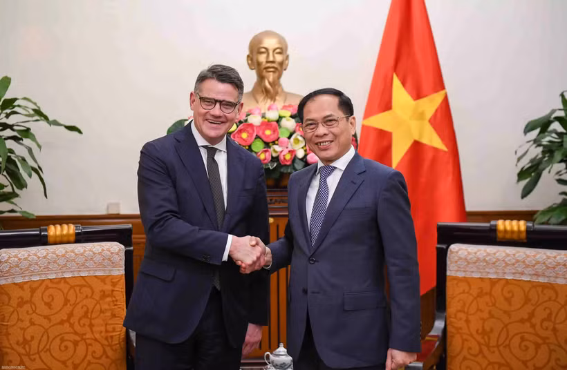 El viceprimer ministro y canciller de Vietnam, Bui Thanh Son y Boris Rhein, ministro-presidente del estado alemán de Hesse (Fuente: baoquocte.vn) 
