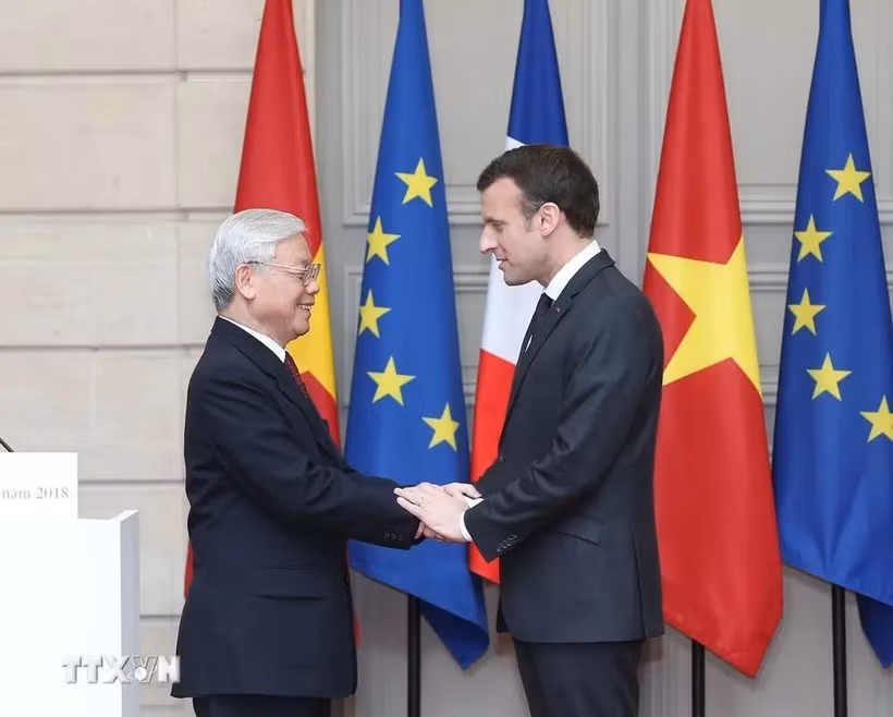El secretario general del PCV, Nguyen Phu Trong, y el presidente francés, Emmanuel Macron, se reúnen en la visita oficial a Francia en 2018 (Fuente: VNA) 