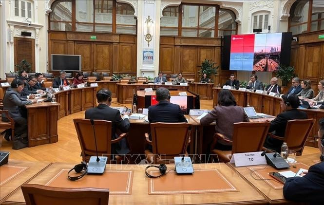 El viceprimer ministro de Vietnam Ho Duc Phoc en reunión con el vicegobernador del Banco Central de Rusia, Alexey Guznov. (Foto: VNA)