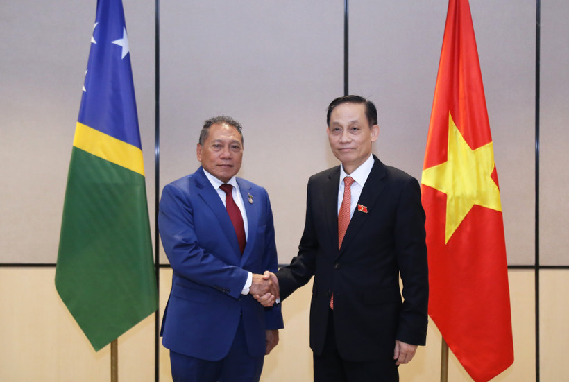 El miembro del Comité Central del Partido Comunista y ministro de Relaciones Exteriores de Vietnam, Le Hoai Trung, recibe al titular de Relaciones Exteriores y Comercio Exterior de las Islas Salomón, Peter Shanel Agovaka. (Fuente: Ministerio de Relaciones Exteriores de Vietnam)