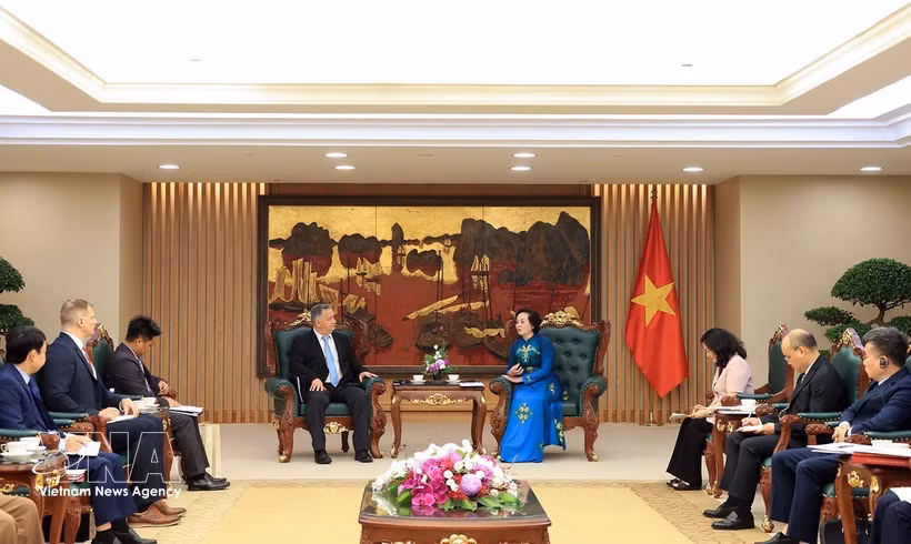 Lla viceprimera ministra vietnamita, Pham Thi Thanh Tra, recibe a una delegación de la Universidad Tecnológica de Texas, encabezada por Stephen Maxner, director del Centro Vietnam y Archivo Sam Johnson (VNCA). (Foto: VNA)