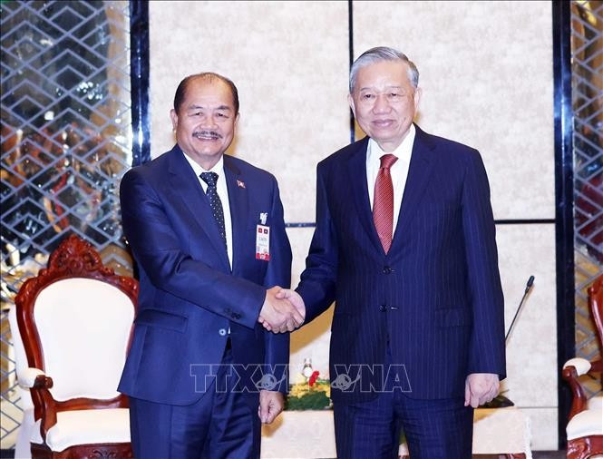 El secretario general del Partido Comunista de Vietnam, To Lam, (derecha) y el presidente del Frente laosiano para la Construcción Nacional, Kikeo Khaykhamphithoune. (Foto: VNA)