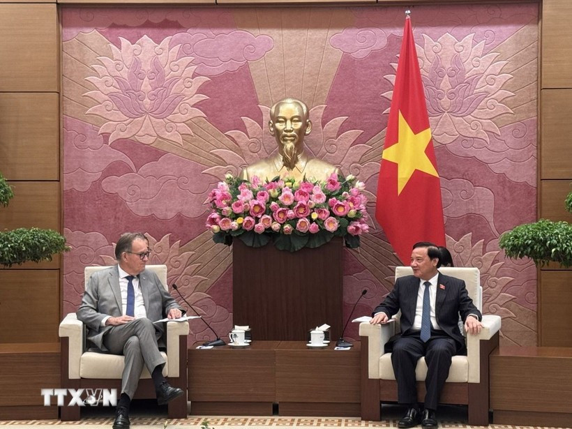 El vicepresidente de la Asamblea Nacional de Vietnam, Nguyen Khac Dinh, recibe al senador Alain Cadec, titular del Grupo de Amistad Francia-Vietnam del Senado francés. (Foto: VNA)