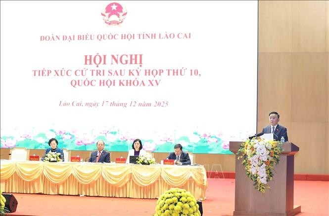 El miembro del Buró Político y miembro permanente del Secretariado del Comité Central del Partido Comunista de Vietnam, Tran Cam Tu, en reunión con electores en Lao Cai. (Foto: VNA)