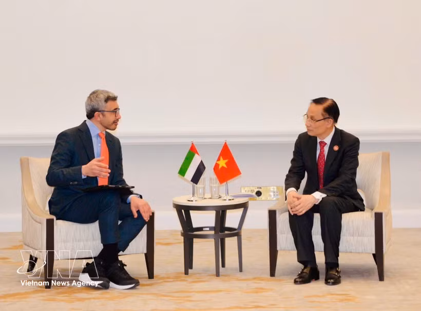 El miembro del Buró Político y ministro de Relaciones Exteriores, Le Hoai Trung, (derecha) se reúne con el viceprimer ministro y titular de Relaciones Exteriores de los EAU, el jeque Abdullah bin Zayed Al-Nahyan. (Foto: VNA)