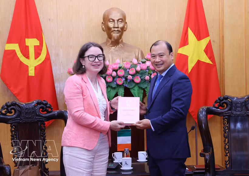 El subdirector permanente de la Academia Nacional de Política Ho Chi Minh, Le Hai Binh, y la embajadora irlandesa en Hanoi, Deirdre Ní Fhallúin. (Foto: VNA)