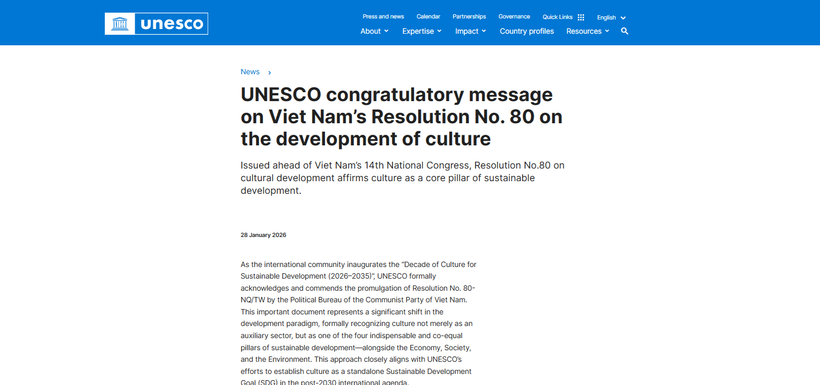 UNESCO aplaude resolución vietnamita sobre desarrollo cultural. Captura de la pantalla (Foto: VNA)