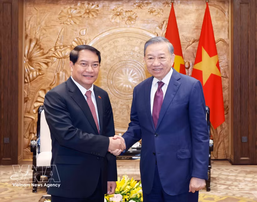 El secretario general del Partido Comunista y presidente de Vietnam, To Lam, (derecha) recibe a Athsaphangthong Siphandone, secretario del Comité del Partido y presidente del Consejo Popular de Vientiane. (Foto: VNA) 