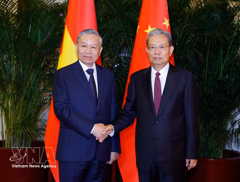 El secretario general del Partido Comunista y presidente de Vietnam, To Lam, (izquierda) y Zhao Leji, miembro del Buró Político del Comité Central del Partido Comunsita de China y presidente del Comité Permanente de la Asamblea Popular Nacional. (Foto: VNA)