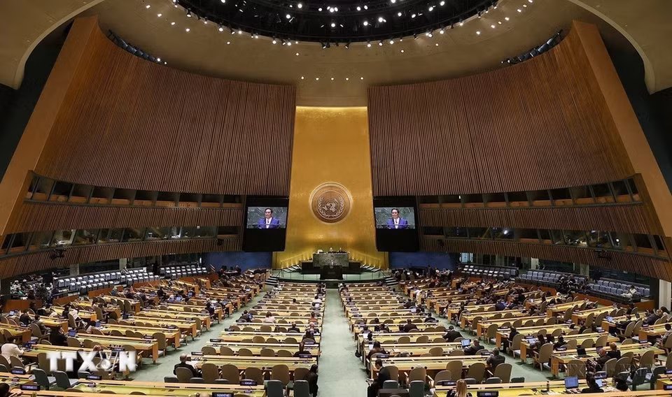 El primer ministro de Vietnam, Pham Minh Chinh, intervino en la sesión de debate general de alto nivel del 78 período de sesiones de la Asamblea General de las Naciones Unidas, celebrada en Nueva York, el 20 de septiembre de 2023. (Foto: VNA)