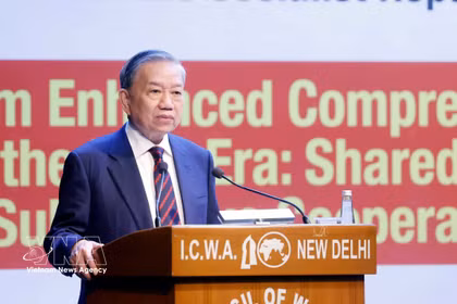 El secretario general del Partido Comunista de Vietnam y presidente del país, To Lam, pronuncia un discurso político en el ICWA (Foto: VNA)