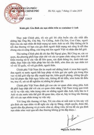 Premier vietnamita expresa condolencias a familias de víctimas del camión de Essex ảnh 1 Premier vietnamita expresa condolencias a familias de víctimas del camión de Essex ảnh 1