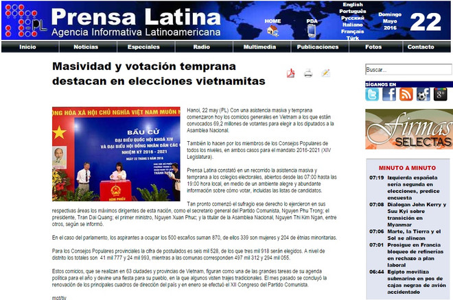 Prensa internacional informa sobre elecciones generales de Vietnam ảnh 1 Prensa internacional informa sobre elecciones generales de Vietnam ảnh 1