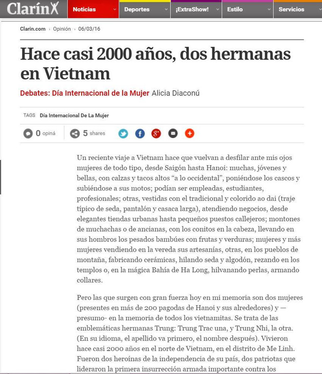 Prensa argentina destaca las heroínas hermanas vietnamitas Trung ảnh 1 Prensa argentina destaca las heroínas hermanas vietnamitas Trung ảnh 1