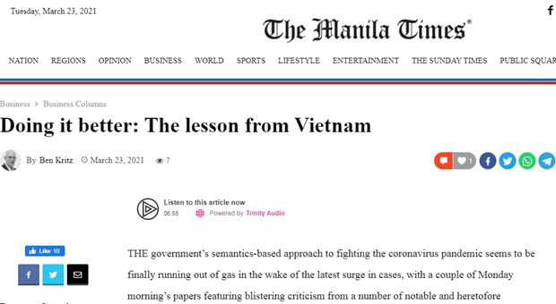 Medios filipinos elogian fórmula de Vietnam contra el COVID-19 ảnh 1 Medios filipinos elogian fórmula de Vietnam contra el COVID-19 ảnh 1