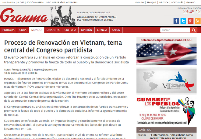 Prensa cubana saluda XII Congreso del Partido Comunista de Vietnam ảnh 1 Prensa cubana saluda XII Congreso del Partido Comunista de Vietnam ảnh 1