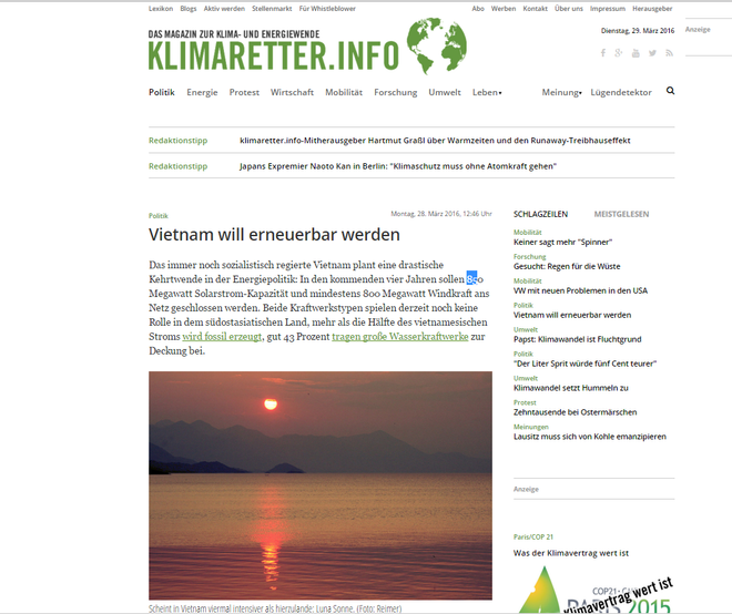 Exalta revista alemana impulso de uso de energía renovable en Vietnam ảnh 1 Exalta revista alemana impulso de uso de energía renovable en Vietnam ảnh 1