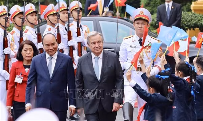 Efectúan ceremonia de bienvenida al secretario general de ONU ảnh 1