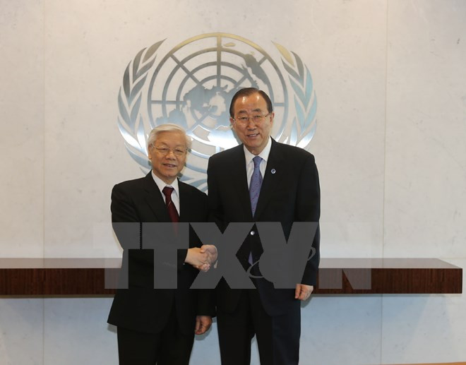 Máximo dirigente partidista vietnamita se reúne con Ban ki-moon ảnh 1 Máximo dirigente partidista vietnamita se reúne con Ban ki-moon ảnh 1