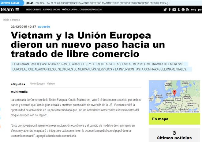 Prensa argentina publica sobre tratado de libre comercio entre Vietnam-UE ảnh 1 Prensa argentina publica sobre tratado de libre comercio entre Vietnam-UE ảnh 1