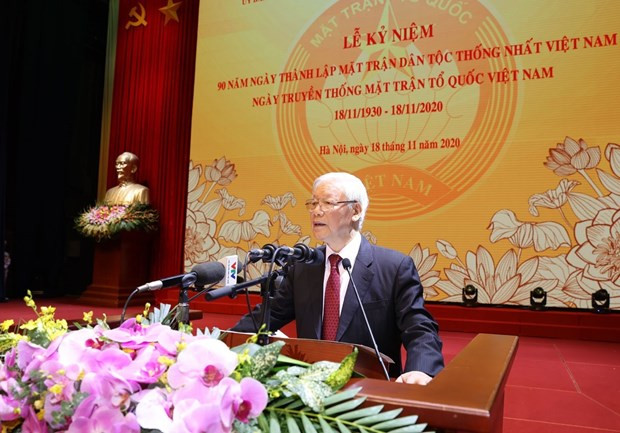 Máximo dirigente de Vietnam encabeza acto por el aniversario 90 del Día Nacional del Frente de la Patria ảnh 1 Máximo dirigente de Vietnam encabeza acto por el aniversario 90 del Día Nacional del Frente de la Patria ảnh 1