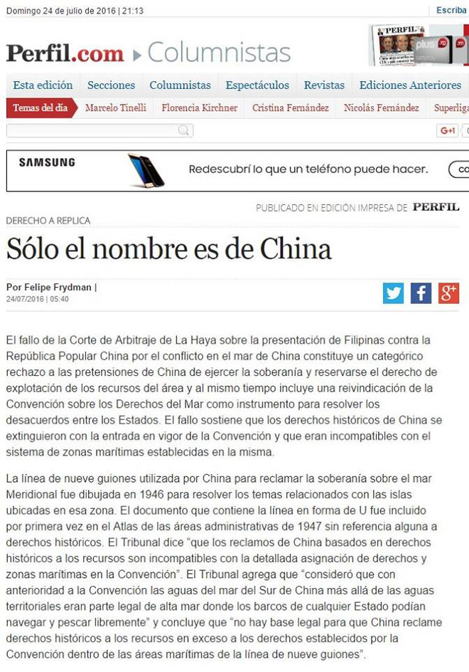 Exembajador argentino en Tailandia respalda fallo de PCA ảnh 1 Exembajador argentino en Tailandia respalda fallo de PCA ảnh 1