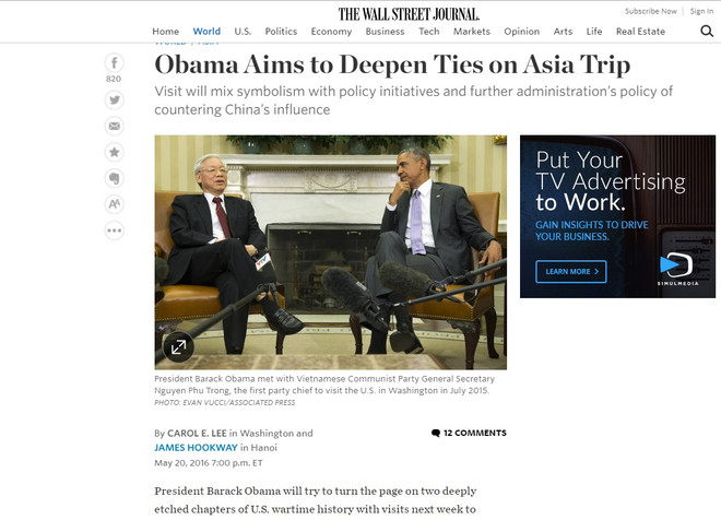 Periódicos de EE.UU. y Bélgica destacan visita a Vietnam de Obama ảnh 1 Periódicos de EE.UU. y Bélgica destacan visita a Vietnam de Obama ảnh 1