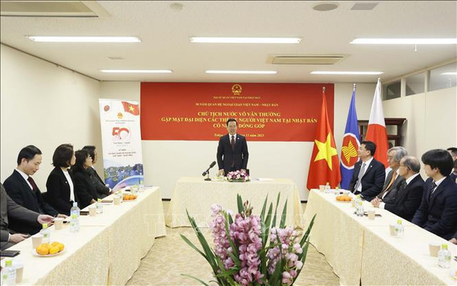 Presidente vietnamita se reúne con diplomáticos e intelectuales connacionales en Japón ảnh 1