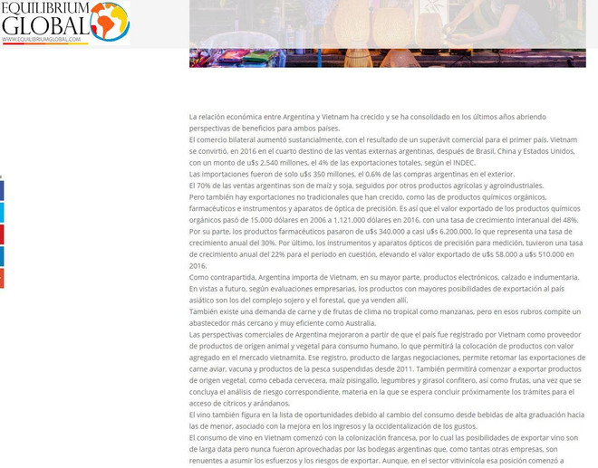 Prensa argentina destaca logros económicos de Vietnam ảnh 1 Prensa argentina destaca logros económicos de Vietnam ảnh 1