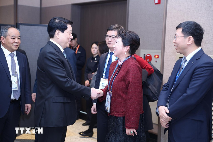 El presidente de Vietnam, Luong Cuong, recibe a Li Li, fundadora del Grupo MEBO International de China. (Fuente: VNA)