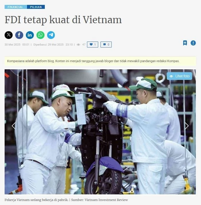 Captura de pantalla del artículo del sitio web indonesio Kompasiana sobre la inversión extranjera directa en Vietnam.