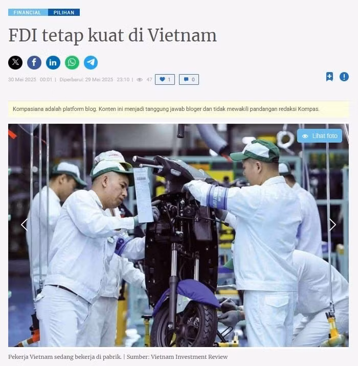 Captura de pantalla del artículo del sitio web indonesio Kompasiana sobre la inversión extranjera directa en Vietnam.