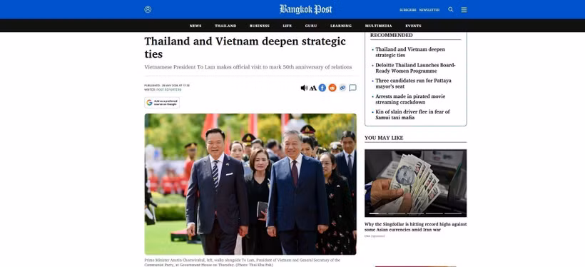 El diario Bangkok publica el artículo "Tailandia y Vietnam fortalecen sus relaciones estratégicas". (Foto: VNA)