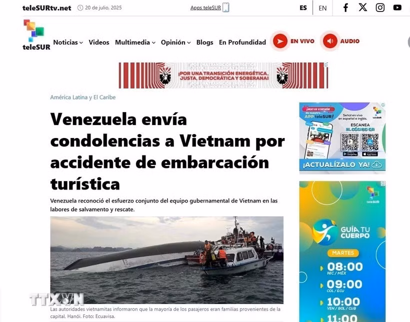 El portal electrónico de teleSURE, uno de los canales de televisión más grandes de Venezuela y América Latina, publicó una nota para compartir las condolencias con el pueblo vietnamita. (Fuente: VNA)