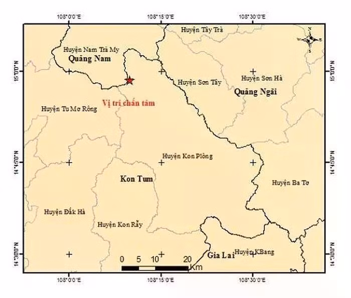 Mapa del epicentro del terremoto de magnitud 4,2 en el distrito de Kon Plong, provincia de Kon Tum. (Fuente: VNA)