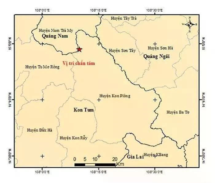 Mapa del epicentro del terremoto de magnitud 4,2 en el distrito de Kon Plong, provincia de Kon Tum. (Fuente: VNA)