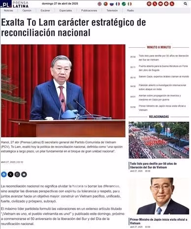 Prensa Latina publica un artículo del secretario general del Partido Comunista de Vietnam, To Lam, con el título "Vietnam es uno, el pueblo vietnamita es uno". (Fuente: VNA)