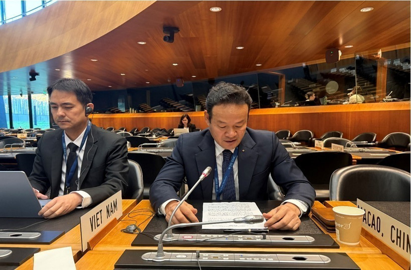 El embajador Mai Phan Dung, representante permanente de Vietnam ante las Naciones Unidas, la OMC y otras organizaciones internacionales en Ginebra, habla en el evento. (Fuente: VNA)