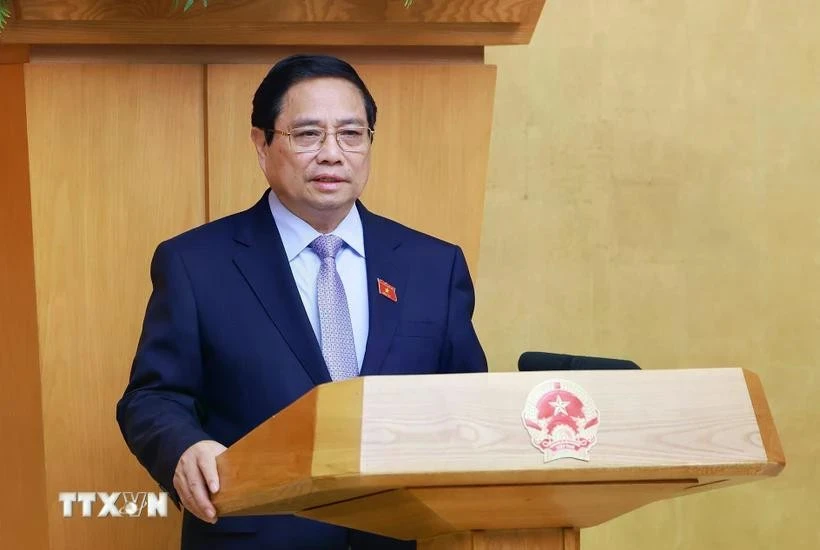 El primer ministro de Vietnam, Pham Minh Chinh, habla en el evento. (Fuente: VNA)