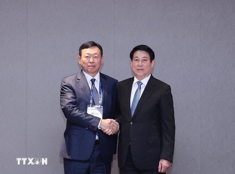 El presidente de Vietnam, Luong Cuong, se reunió con el presidente del Grupo Lotte, Shin Dong Bin. (Fuente: VNA)