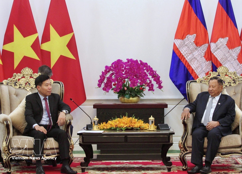 El viceministro vietnamita de Relaciones Exteriores Nguyen Manh Cuong (izquierda) se reúne con el vicepresidente del Partido Popular de Camboya Samdech Say Chhum. (Fuente: VNA)