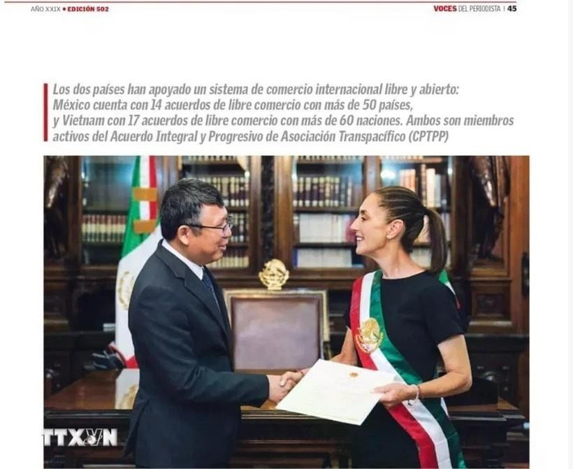 Foto publicada en el medio Voces Del Periodista del encuentro entre el embajador vietnamita en México, Nguyen Van Hai, y la presidenta anfitriona, Claudia Sheinbaum. (Captura de pantalla/VNA)