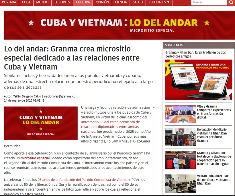 El periódico Granma, órgano oficial del Partido Comunista de Cuba, lanzó un sitio web especial que recopila valiosos documentos e imágenes sobre la singular relación entre Cuba y Vietnam. (Captura de pantalla)