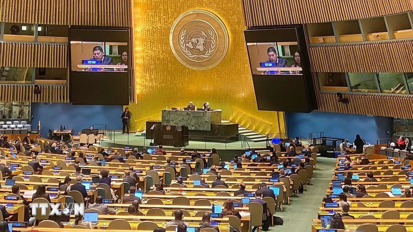 Un representante de la delegación vietnamita interviene en el acto de ratificación de la Convención de Hanoi, celebrado la tarde del 24 de diciembre de 2024 en las Naciones Unidas. (Foto: VNA)