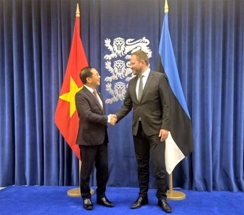 El viceprimer ministro y canciller de Vietnam, Bui Thanh Son, y el titular de Asuntos Exteriores de Estonia, Margus Tsahkna. (Fuente: VNA)